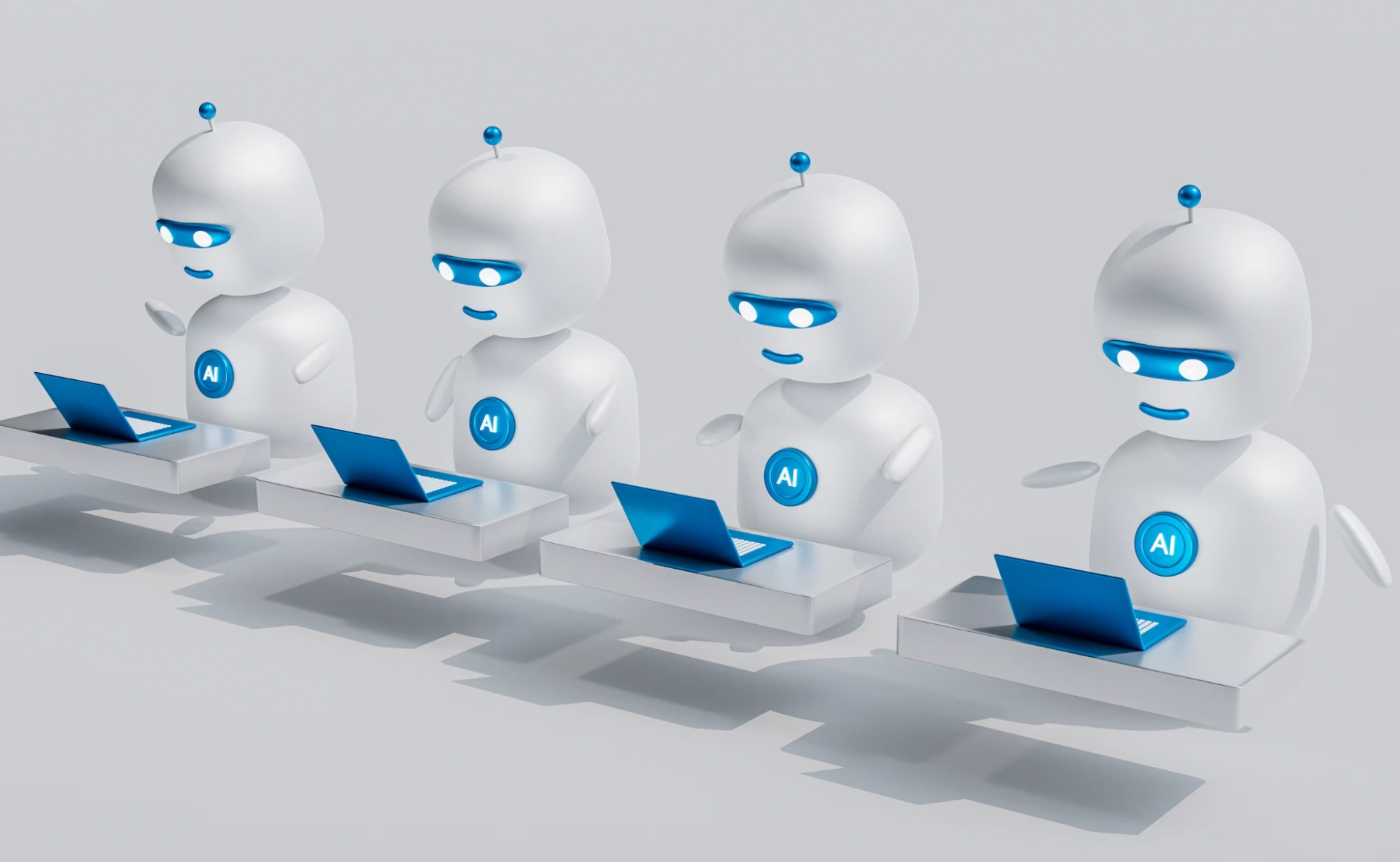 AI robots sitting at desks using laptops