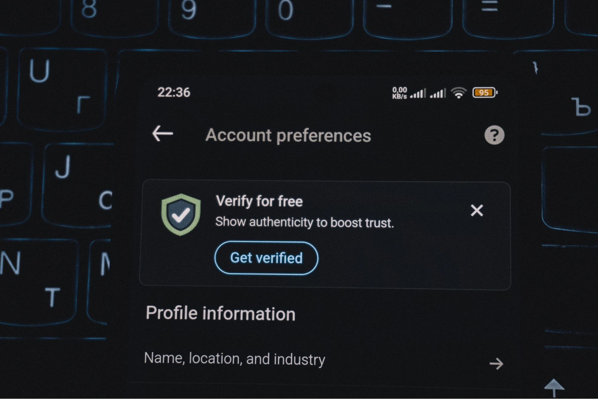 close-up of account verification prompt on a screen