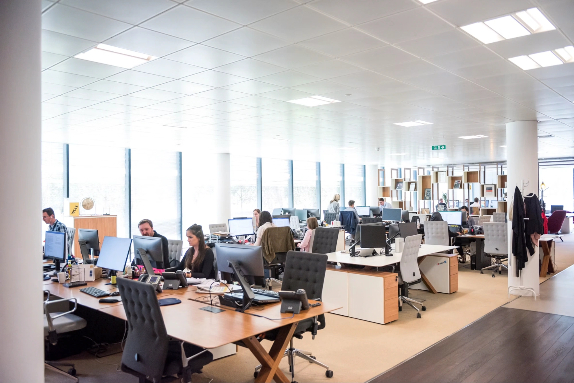 people working at desks in a bright open office
