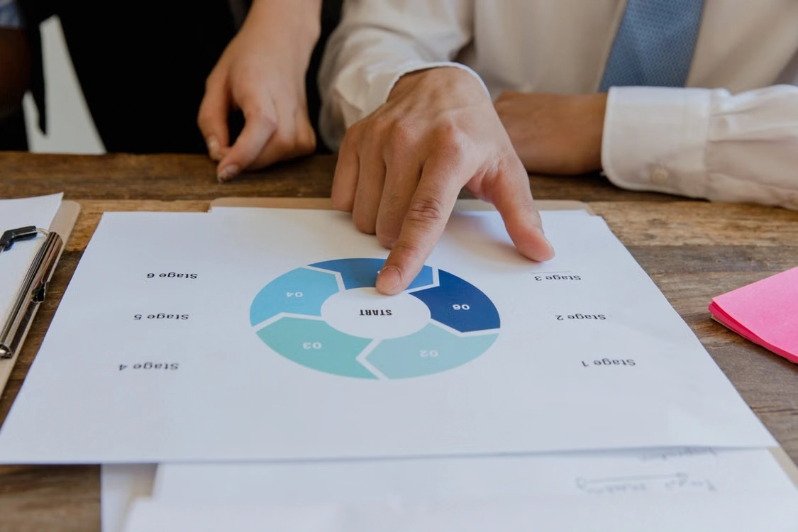 Person pointing at a circular diagram