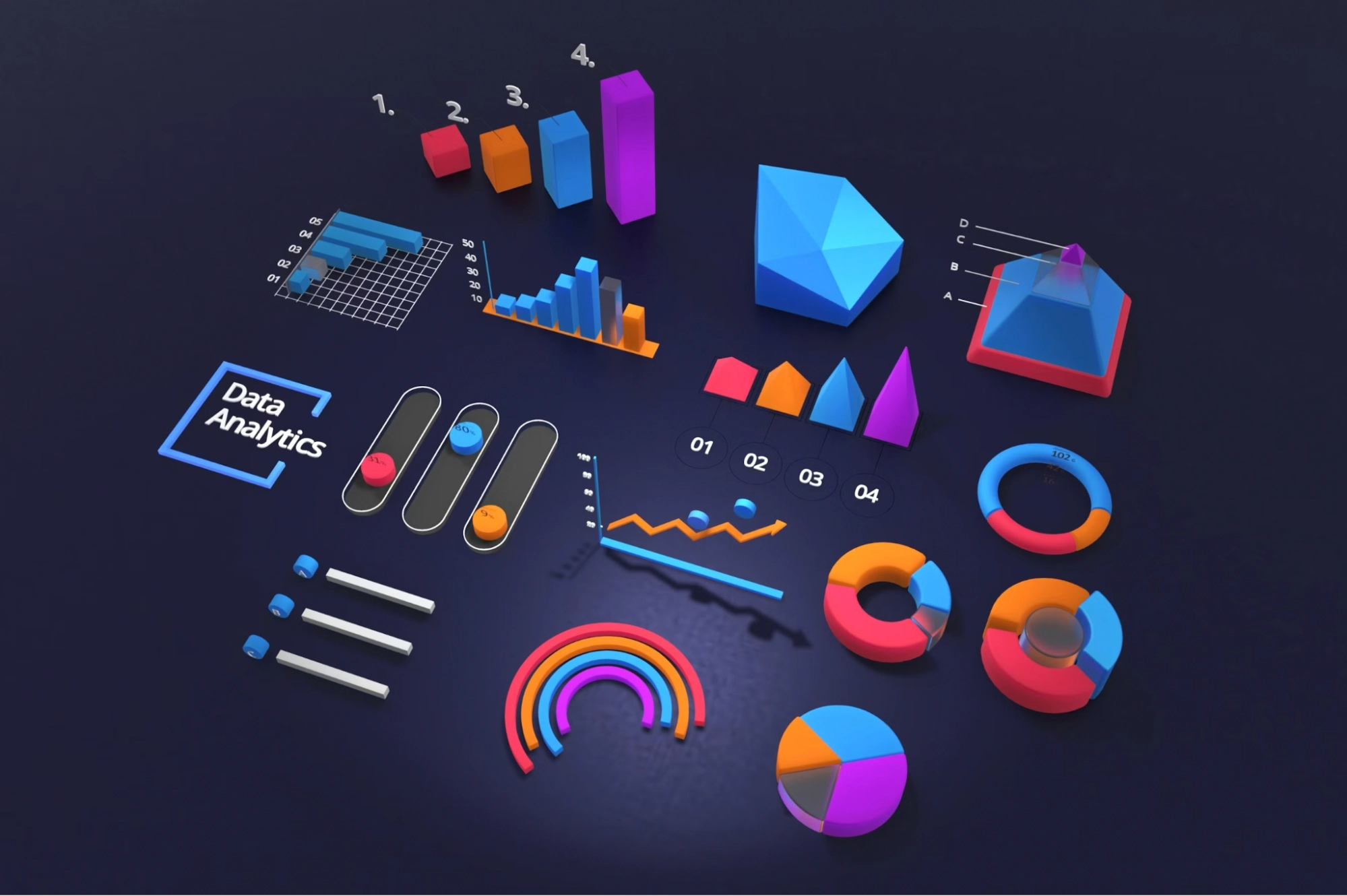 data analytics icons and charts on dark background